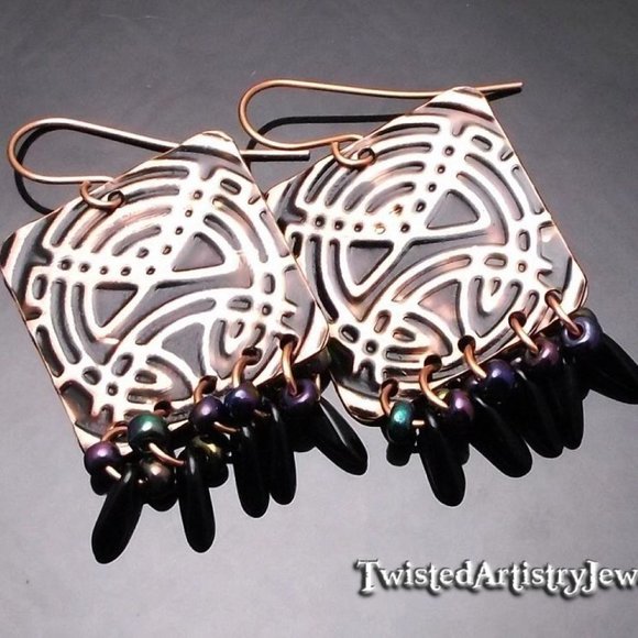 Black and Copper Celtic Square Chandelier Earrings - Picture 5 of 6